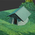 Small Stone And Wooden Building With Sloped Roof On Green Grass Surrounded By Trees