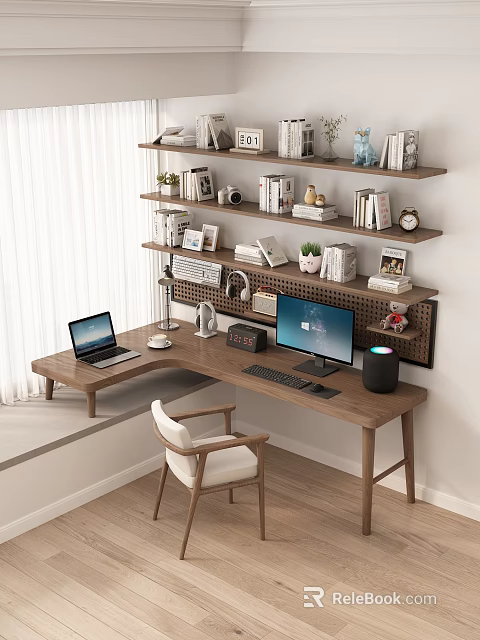 Modern Wooden Desk Setup With Laptop Desktop Monitor Bookshelf Books And Decorations 3d model 