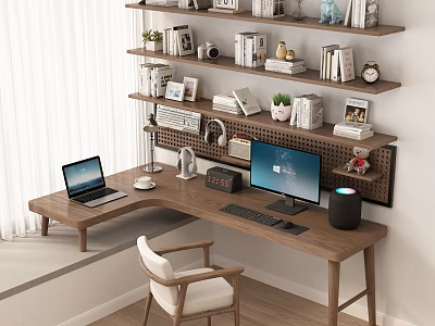 Modern Wooden Desk Setup With Laptop Desktop Monitor Bookshelf Books And Decorations 3d model