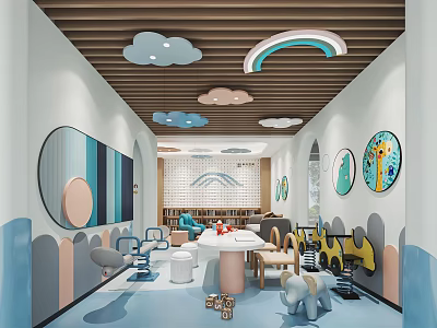 Kindergarten Interior Design With Cloud Decorations Rainbow Lights And Colorful Furniture 3d model