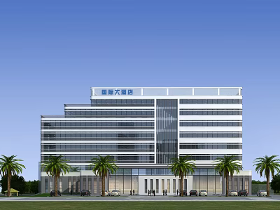 Modern Hotel Building Exterior With Glass Windows Palm Trees And Main Entrance 3d model