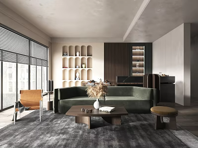 Modern Living Room Interior With Green Sofa Wooden Coffee Table Orange Armchair And Open Shelves 3d model