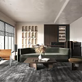 Modern Living Room Interior With Green Sofa Wooden Coffee Table Orange Armchair And Open Shelves
