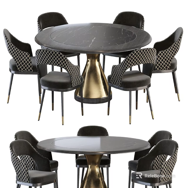 Modern Round Dining Table Set With Black Tabletop Gold Legs And Lattice Pattern Chairs 3d model 