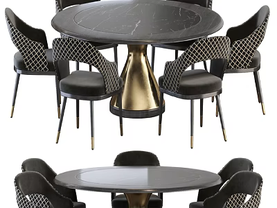 Modern Round Dining Table Set With Black Tabletop Gold Legs And Lattice Pattern Chairs 3d model