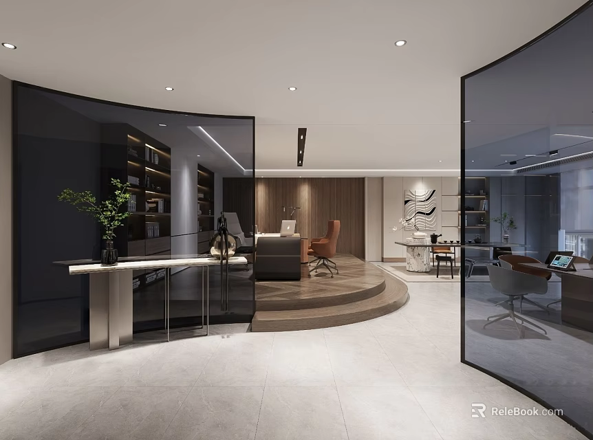 Modern Office Interior With Glass Partitions Wooden Wall Bookshelves Desk Green Plant And Circular Platform 3d model 