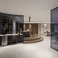Modern Office Interior With Glass Partitions Wooden Wall Bookshelves Desk Green Plant And Circular Platform