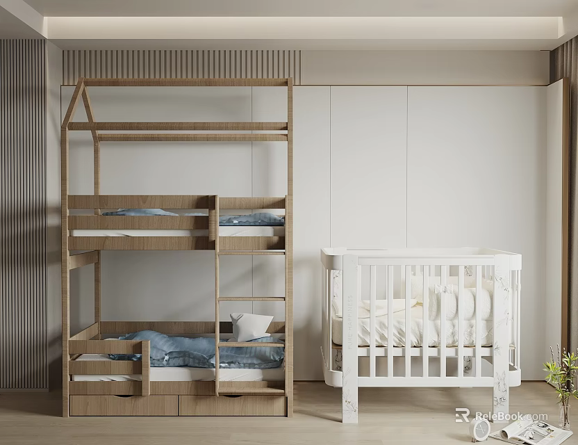 White Baby Crib in Modern Kids Room with Wooden Bunk Bed and Storage Drawers 3d model 