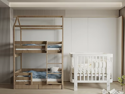 White Baby Crib in Modern Kids Room with Wooden Bunk Bed and Storage Drawers 3d model