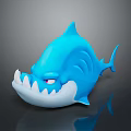Blue Shark Toy With Sharp Teeth Red Eyes White Belly And Gray Background