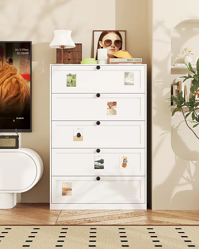 White Chest of Drawers With Decorative Photos In Modern Living Room Interior 3d model