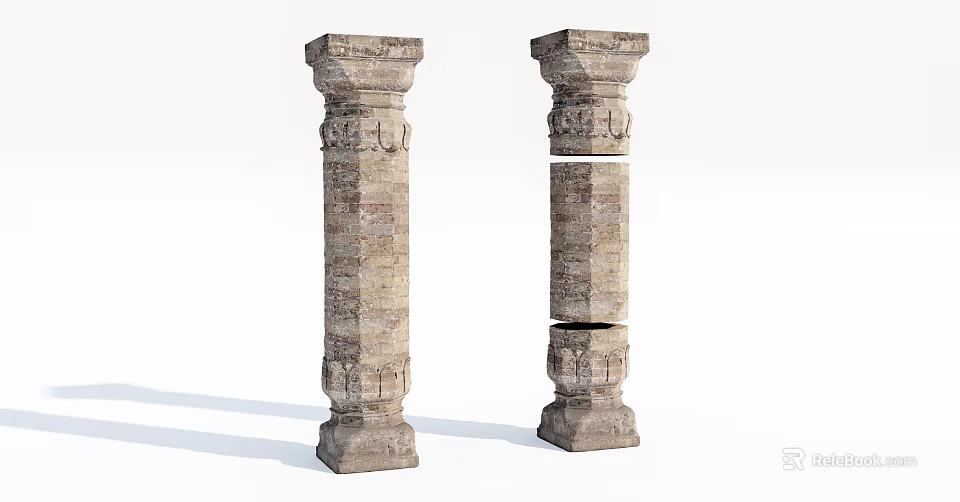 Classical Stone Columns With Carved Details Intact And Broken Design Elements 3d model 