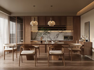Modern Open Restaurant Interior With Wooden Dining Table And Pendant Lights 3d model