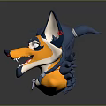 Cartoon Style Yellow And Blue Smiling Wolf Head With Pointed Ears And Red Bell
