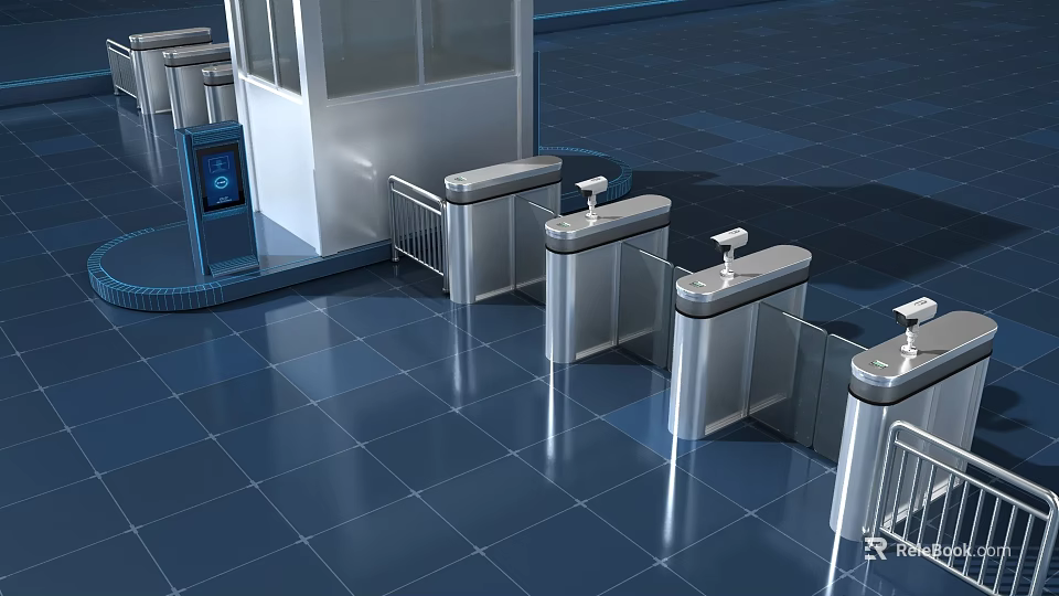 Security Gates At Entrance With Metal Detectors Glass Booth And Blue Floor 3d model 