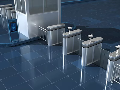 Security Gates At Entrance With Metal Detectors Glass Booth And Blue Floor 3d model