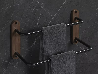 Modern Bathroom Towel Rack Featuring Wooden Black Metal And Gray Towels On Dark Marble Wall 3d model