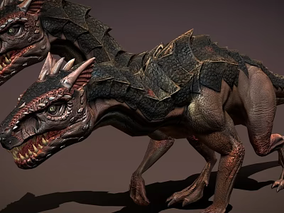 Ferocious Scaled Horned Dinosaur Like Creatures With Sharp Teeth And Rough Skin Texture 3d model