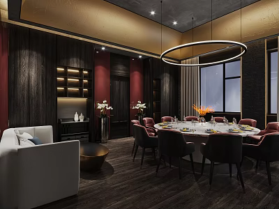 Elegant Modern Chinese Private Dining Room With Round Table Dark Chairs Wooden Walls And White Sofa 3d model
