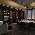 Elegant Modern Chinese Private Dining Room With Round Table Dark Chairs Wooden Walls And White Sofa
