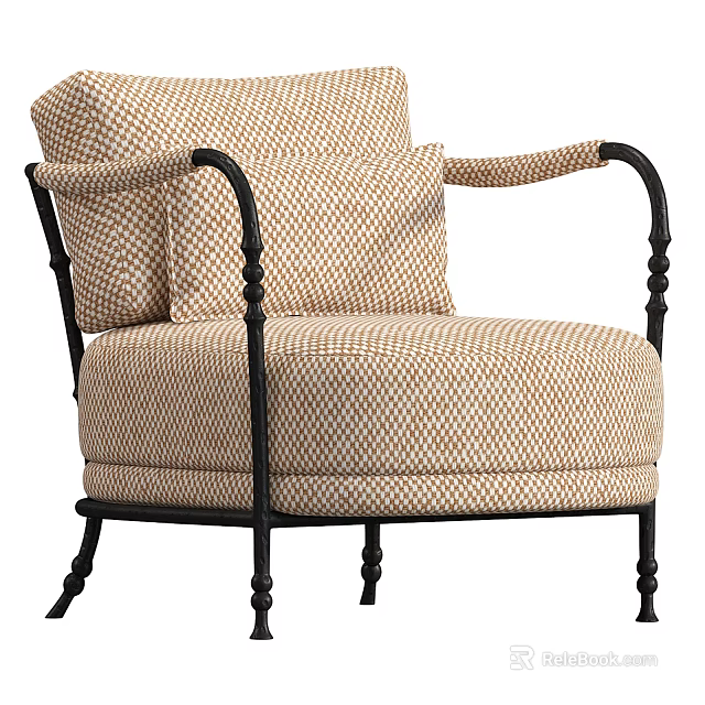 Beige Woven Single Sofa With Black Metal Armrests And Soft Cushions 3d model 