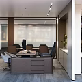 Modern Office Interior With Wooden Desk Bookshelf Comfortable Chairs And Large Windows