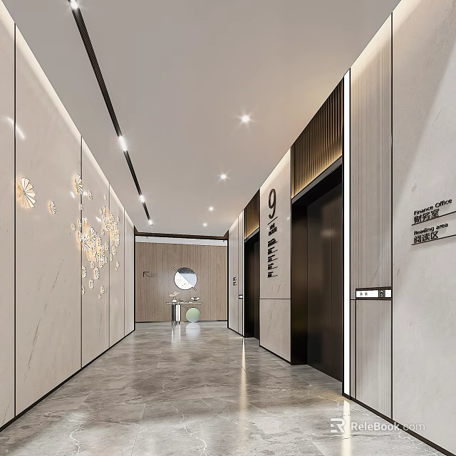 Modern Elevator Corridor With Artistic Wall Lights And Marble Walls 3d model 