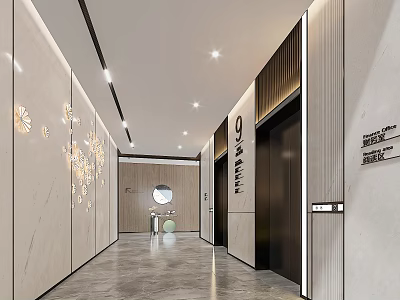 Modern Elevator Corridor With Artistic Wall Lights And Marble Walls 3d model