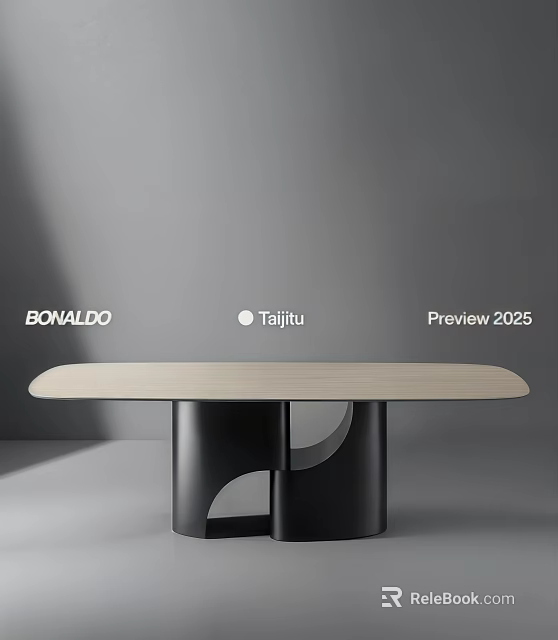 BONALDO Taijiu Preview 2025 Dining Table With Light Wood Top And Black Curved Geometric Base 3d model 