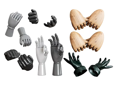 Men's Hand Models with Different Poses and Materials Including Wooden Plastic and Gloved 3d model