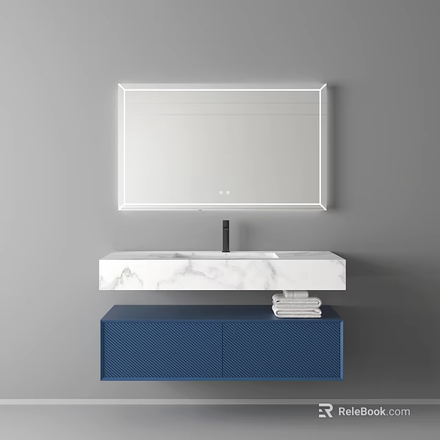 Modern Bathroom Vanity with Rectangular Mirror Marble Countertop Blue Cabinet and Stacked Towels 3d model