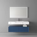 Modern Bathroom Vanity with Rectangular Mirror Marble Countertop Blue Cabinet and Stacked Towels 3d model
