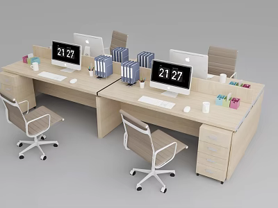 Modern Office Desks With Computer Monitors Stacked Folders Colorful Stationery And Ergonomic Chairs 3d model