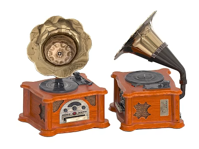Two Vintage Musical Instruments Gramophones With Wooden Base Classic Brass Black Horns 3d model
