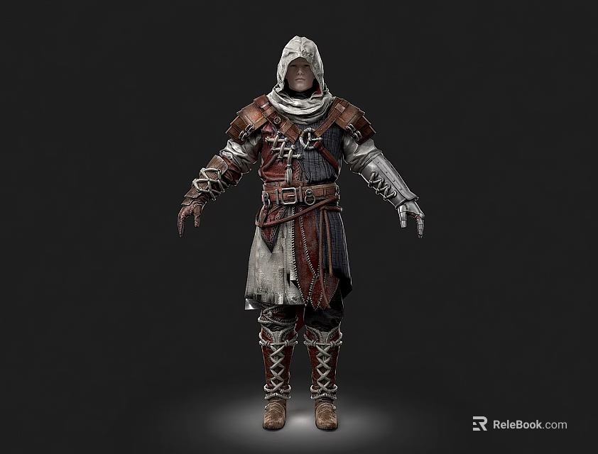 Hooded Man In Medieval Fantasy Warrior Outfit With Leather Cloth And Metal Accents 3d model 