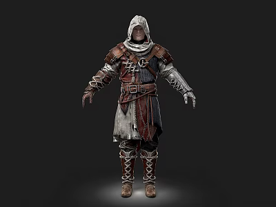 Hooded Man In Medieval Fantasy Warrior Outfit With Leather Cloth And Metal Accents 3d model
