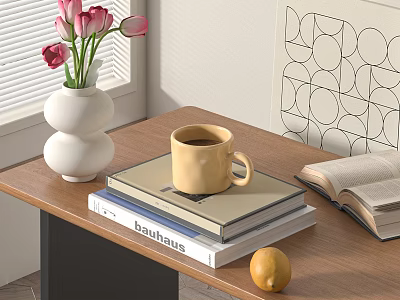 Stacked Bauhaus Books On Wooden Table With Coffee Cup Pink Flowers Vase And Lemon 3d model