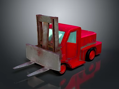 Red Toy Forklift With Metal Forks And Reflective Surface On Gray Background 3d model