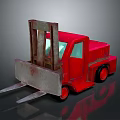 Red Toy Forklift With Metal Forks And Reflective Surface On Gray Background