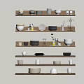 Modern Dinnerware Set With Bowls Plates Mugs Glasses And Bottles On Wooden Shelves