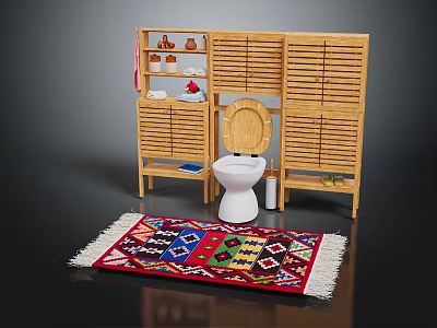Bathroom Living Essentials With Wooden Cabinet Shutter Doors Toilet Colorful Rug And Toiletries 3d model