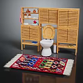 Bathroom Living Essentials With Wooden Cabinet Shutter Doors Toilet Colorful Rug And Toiletries