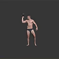 Shirtless Man Holding Kettlebell In Right Hand With Dark Underwear On Gray Background