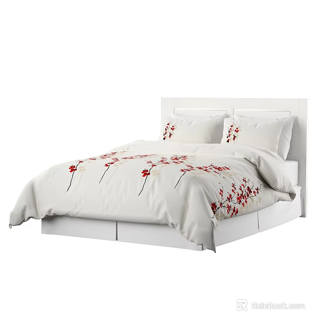 Stylish Double Bed With White Headboard And Red Floral Pattern Bedding 3d model