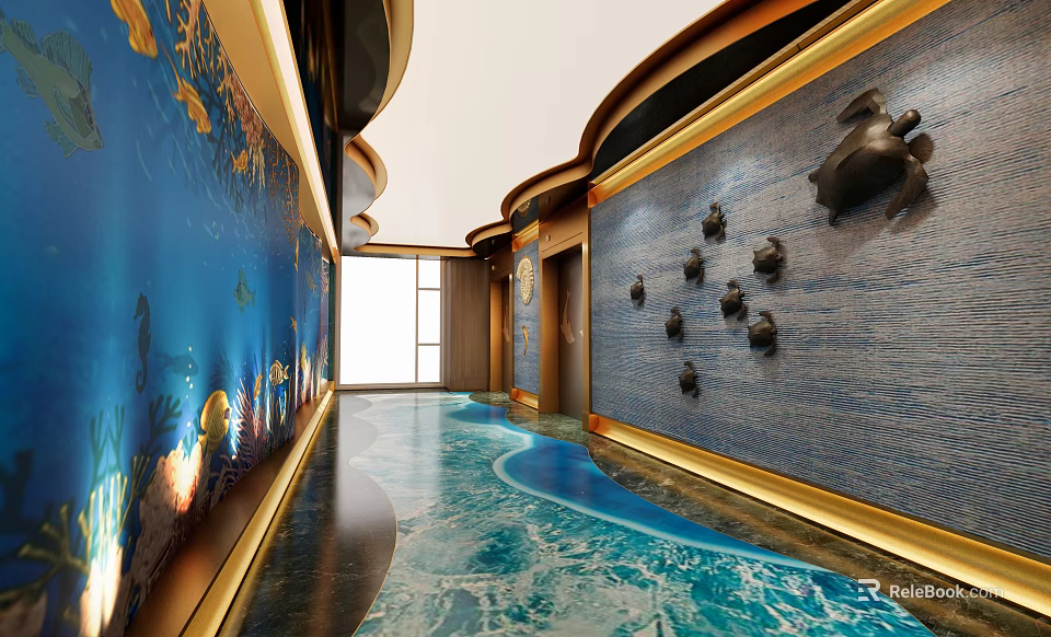Ocean Themed Elevator Corridor With Blue Wall Relief Decorations And Gold Borders 3d model 