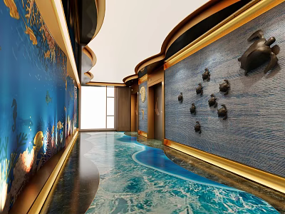 Ocean Themed Elevator Corridor With Blue Wall Relief Decorations And Gold Borders 3d model