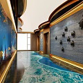 Ocean Themed Elevator Corridor With Blue Wall Relief Decorations And Gold Borders