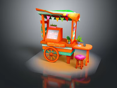 Colorful Mobile Candy Shop Cart With Orange Wheels Pink Stool And Potted Plants 3d model
