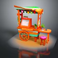Colorful Mobile Candy Shop Cart With Orange Wheels Pink Stool And Potted Plants