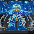 Futuristic Tech Stage Design With Blue Lighting Circular Structure Central Figure And Large Screens
